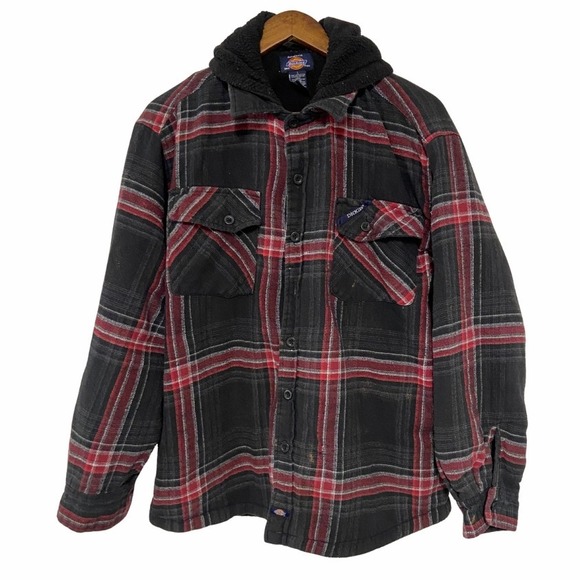 Dickies Mens Flannel Jacket Coat with Hood Black Red Plaid Sz L Streetwear - Picture 1 of 15